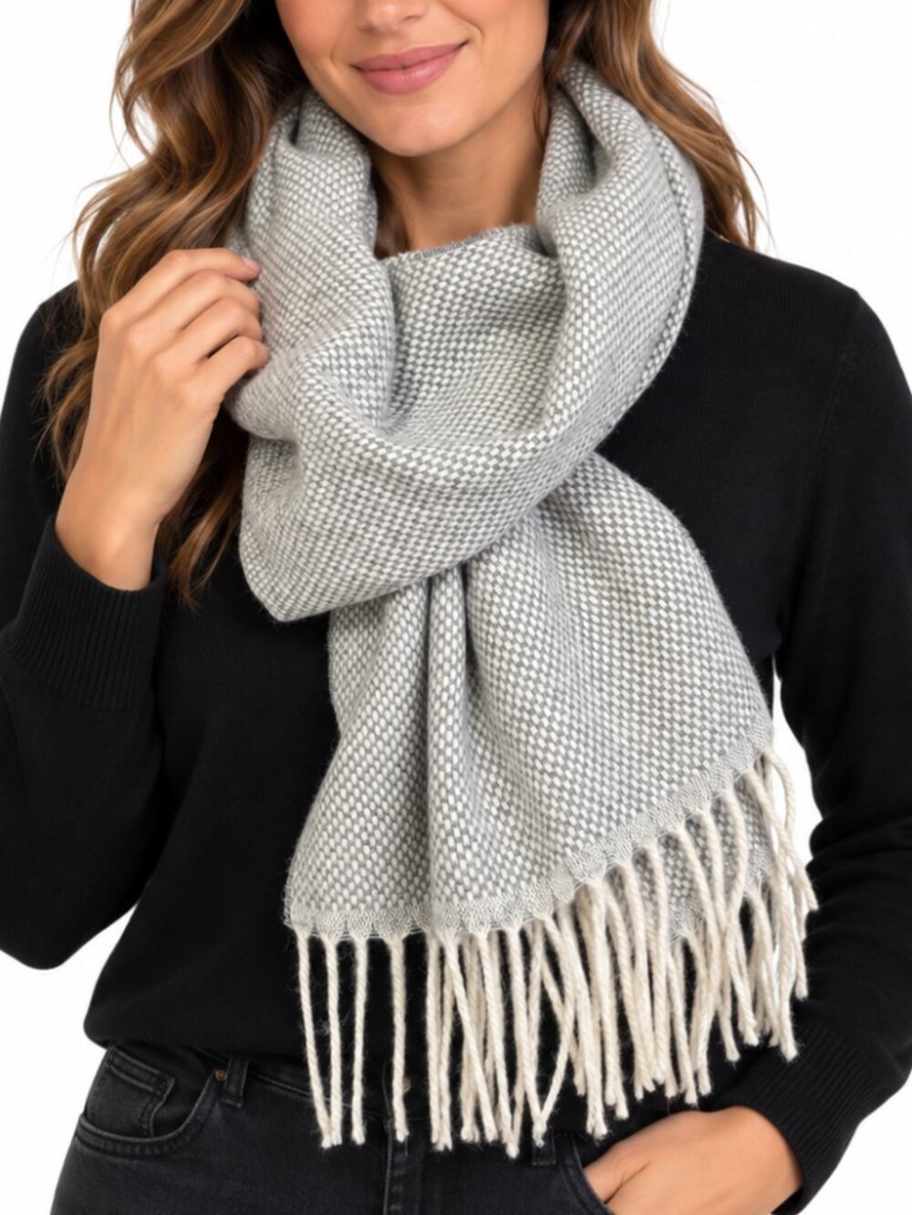 LINEA EMMETI NWT Italian Cashmere & Wool Knit Scarf Wrap Grey Check Woven Unisex